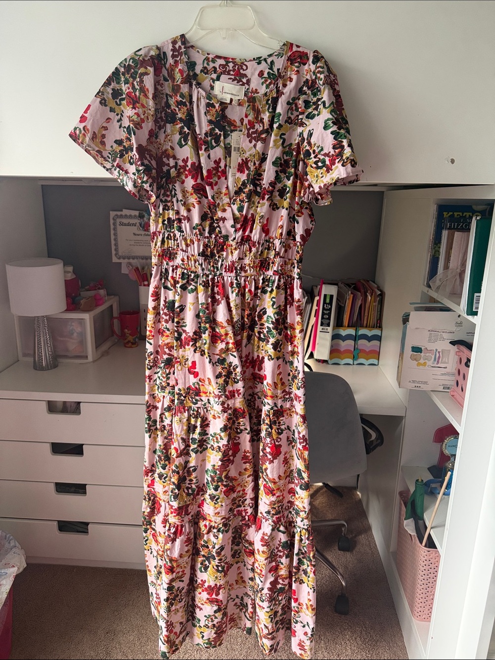 Anthropologie Pink Floral Tiered Maxi Dress